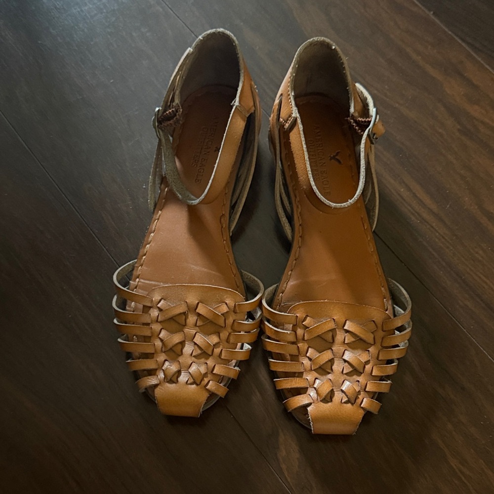 American Eagle Outfitters Brown Woven Leather Ankle-Strap Sandals